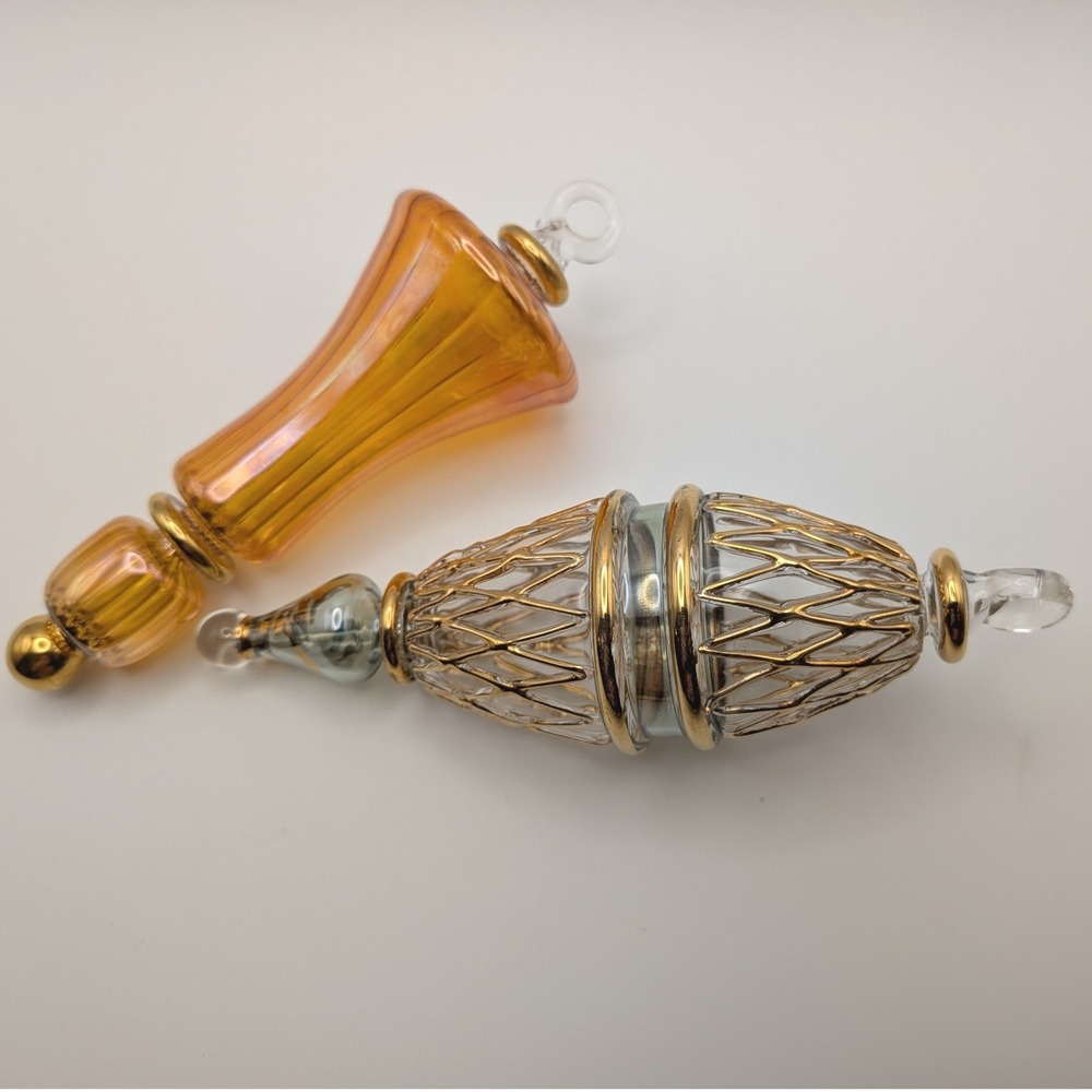Egyptian Blown Glass Ornaments Set of 2 Hand Painted Gold Amber Finial 6 Inch